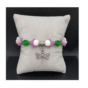 Artisan Floral Beaded Bracelet Tibetan Silver Dragonfly Charm Diffuser Feminine